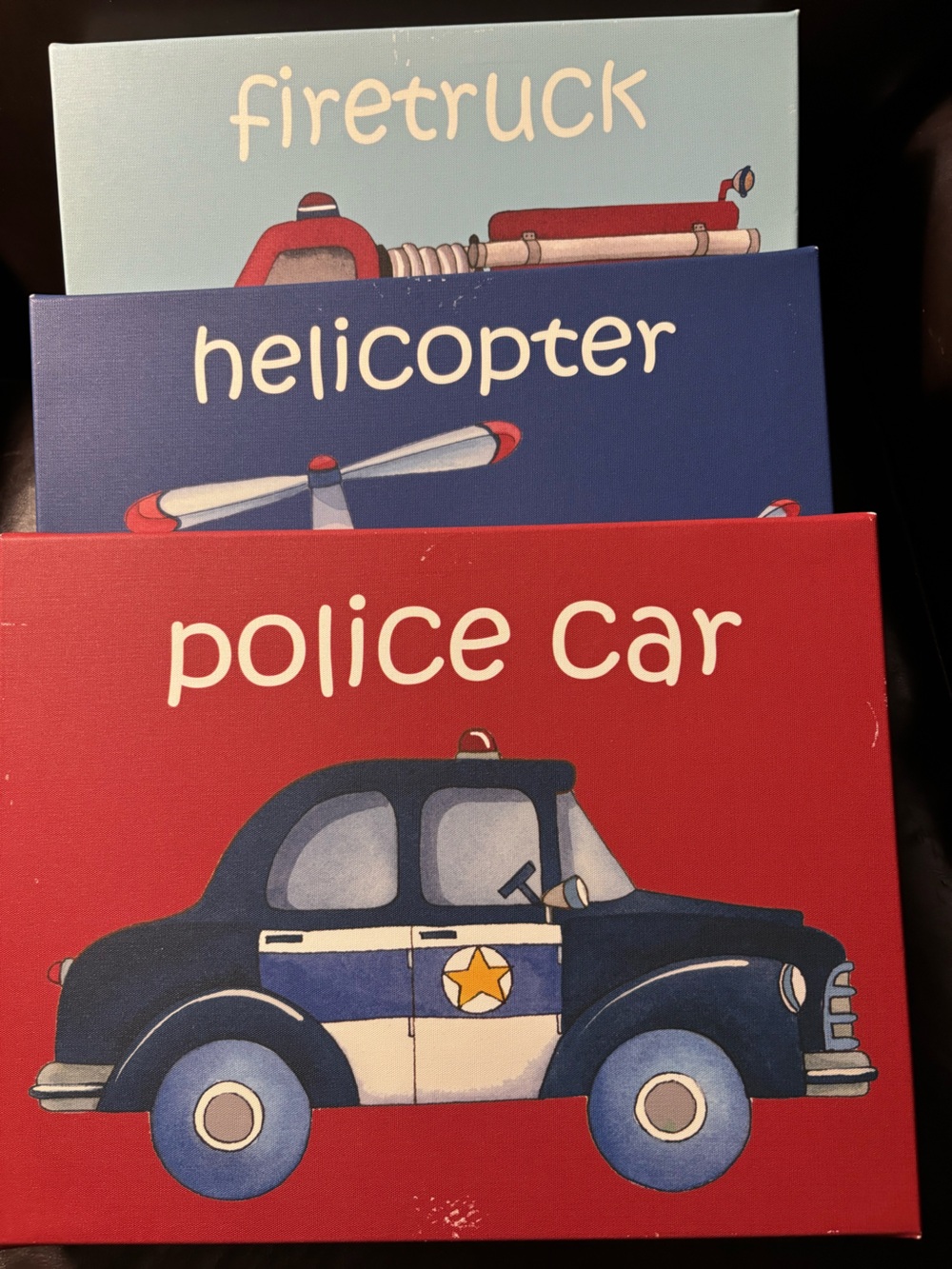 Kids Wall Art Canvas Set - Police Car, Helicopter & Firetruck - Blue/Red/Tan